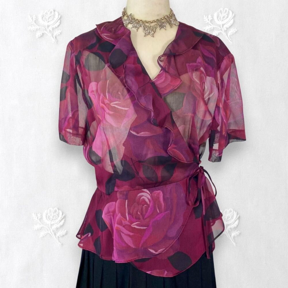 Vintage Whimsygoth Frilly Ruffle Rose Sheer Purple Black Mesh Wrap Top Blouse L